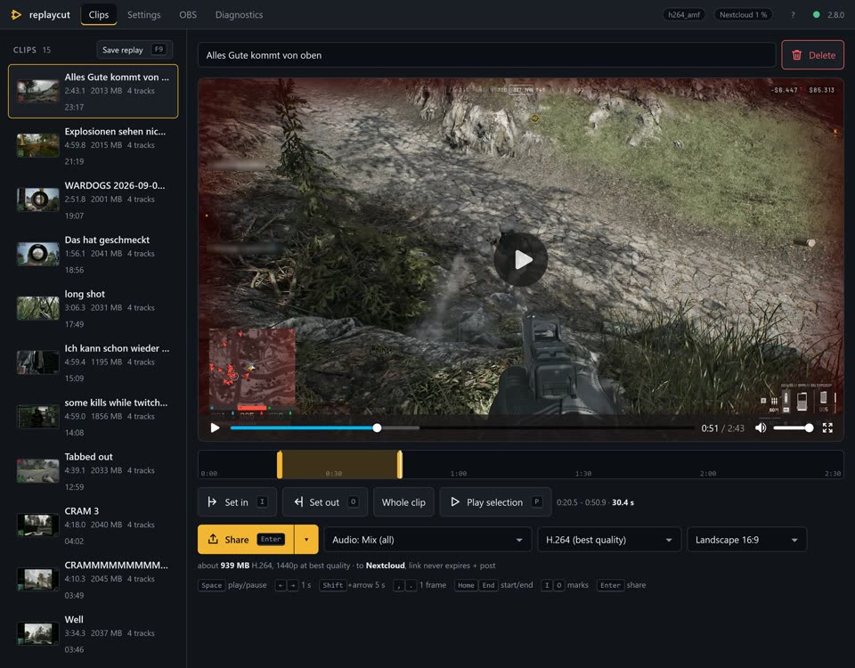 The replaycut clips page: the clip list on the left, the player with the in and out marks and the share row on the right.