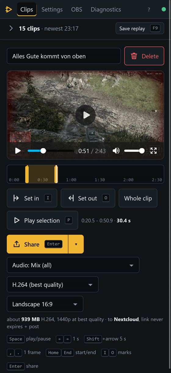 The same clips page on a phone, with the timeline and the share button.