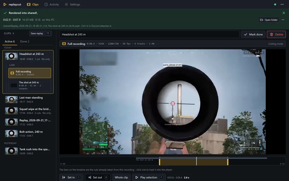 The clips page in six of the built-in themes, one after the other.